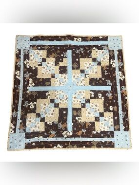 Handmade patchwork baby crib quilt puppies paw prints blue brown 36x37”